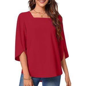 Womens Summer Casual Tunic Square Neck Work Top 3/4 Sleeve Chiffon Blouse Shirt